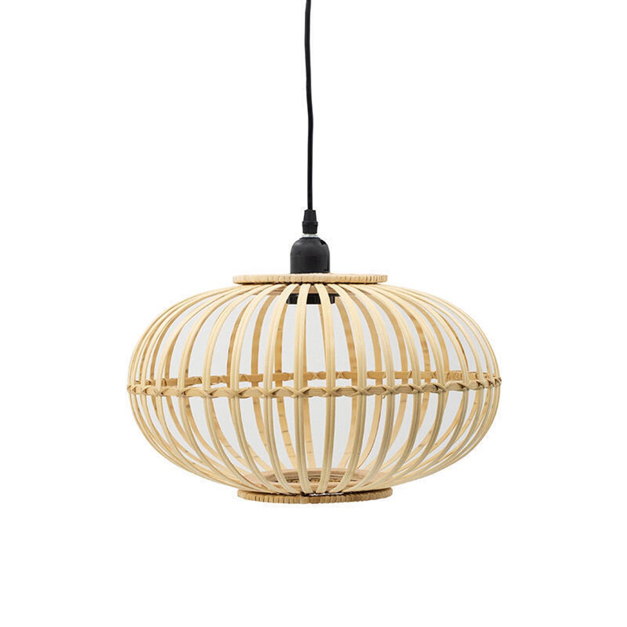 Mid-Century Modern Style Squatty Round Bamboo Wooden Pendant Lamp
